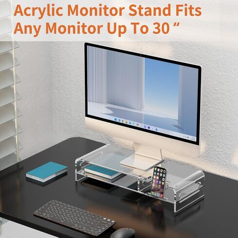 حامل شاشة أكريليك كبير مقاس 20 بوصة، حامل شاشة شفاف بطبقتين مع حامل هاتف مدمج، حامل شاشة أكريليك ممتاز مع مساحة تخزين لوحة المفاتيح in Kuwait