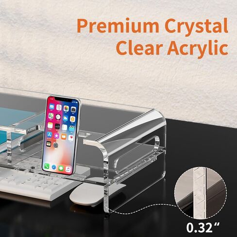 حامل شاشة أكريليك كبير مقاس 20 بوصة، حامل شاشة شفاف بطبقتين مع حامل هاتف مدمج، حامل شاشة أكريليك ممتاز مع مساحة تخزين لوحة المفاتيح in Kuwait