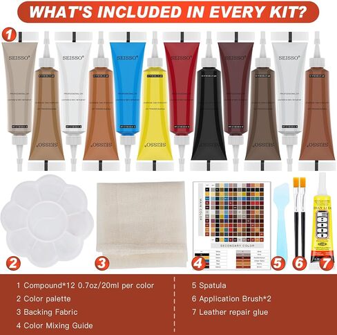 12 Colors Leather Repair Kit - for Furniture Car Seats Couches Sofa Shoes Boat, Leather Dye Restore Scratches Tears Holes, Purses Jacket Leather Paint, Vinyl Repair Kit Bonded Leather Genuine Italian… in Saudi Arabia