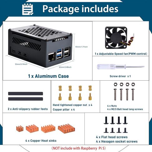 حافظة ألومنيوم GeeekPi لـ Raspberry Pi 5، مع مروحة 4010 PWM ومبددات حرارة نحاسية لـ Raspberry Pi 5، تدعم المبرد النشط الرسمي Raspberry Pi 5، X1000/X1001/X1003/N04/N05 PCIe الطرفية in Kuwait