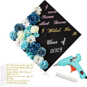 Bonuci 39 PCS Caps Cap Decorations Kit تشمل 29 فوكس زهور الرؤوس غراء Gun 6 Glue Sticks 3 Sheets Blitter Quotes Cap Topper Decoration Kit للتخرج DIY (غطاء غير متضمن) (أنيقة)