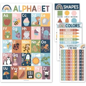 Hadley Designs Alphabet, Count 1-100 Numbers, Colors, 2D Shapes, ABC Posters For Toddlers Wall Art Decor for Kindergarten Classroom & Homeschool, 4 Laminated Boho Educational Supplies 11x17