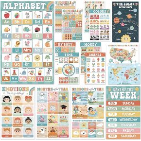 Beawart 16 Boho Groovy Eduals Posters for Preschoolers-مخططات ملصقات تعليمية مرحلة ما قبل الروضة ورياض الأطفال للأطفال الصغار 1-3-5-ديكور في المنزل والفصول الدراسية لجدران الأطفال