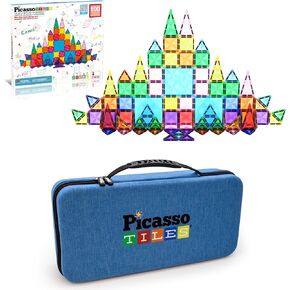 Picassotiles 100 PC البلاط الصغير المغناطيسي + حالة حمل: Steam Educational Playset for Kids تشمل منظم تخزين السفر - التعلم المرح ، البناء ، والهندسة ، وفكرة هدية التنمية الحسية