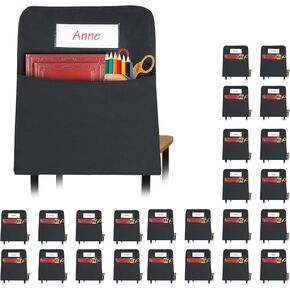 24 PCS جيوب كرسي سوداء للفصول الدراسية ، وأكياس المقعد 20 × 17 بوصة لكراسي الفصل K-2 مع علامة اسم لتنظيم لوازم الفصول الدراسية تناسب كلية المكاتب المدرسية للطلاب