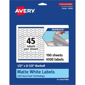 Avery TrueBlock Matte White Barbell Labels, Sure Feed, 0.5" x 2.5", 450 Labels, Laser/Inkjet Printable, Great for Jewelry and Product Tags