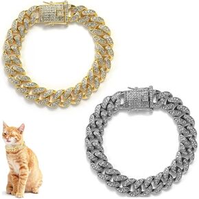 Cat Chain Collar, 2 Pcs Diamond Cuban Link Kitten Walking Collar with Secure Buckle Pet Rhinestones Necklace Metal Chain Jewelry Accessories for Cats Dogs Kittens Puppies 8inch, Gold and Slivery