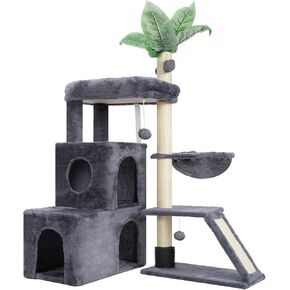 Cat Tree, Heavy Duty Cat Tower for Indoor Cats, Large Bottom Cat Condo for Maine Coon with Self Groomer Brush, Big Padded Top Perch, Scratching Post, Hammock, Smoky Gray GCT012G