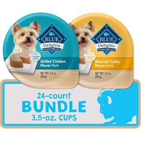 Blue Buffalo Delights Natural Adult Small Breed Wet Dog Food Cups, Pate Style, Roasted Turkey & Grilled Chicken 3.5-oz (24 Count - 12 of Each Flavor)