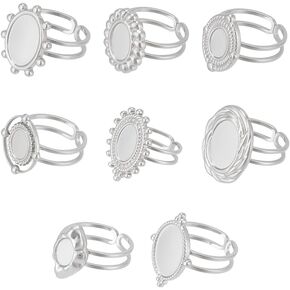 UNICRAFTALE 8Pcs 8 Styles Oval Cabochon Bezel Blank Tray Ring Bases 304 Stainless Steel Finger Ring Components Open Adjustable Cuff Ring Blanks Pad Ring Settings for Women Ring Jewelry Making