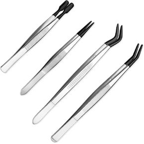 HPMJZ 4 PCS ملقطات مع نصائح مطاطية ملاقط بالفولاذ المقاوم للصدأ ، قم بتعيين المطاط المطاط مستقيم الطرف مستقيم طرف مسطح طويل الطويل عازمة على الحرف اليدوية أدوات المجوهرات حبات الحرف