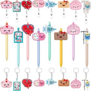 Henoyso 24 Pcs Nurse Week Gifts Bulk 2025 Nursing Appreciation Gift 8 Funny Pen 8 Retractable Badge Reel 8 Cute Keychain Heart Brain ID Badge Holders for CNA Nursing Student(Stylish)