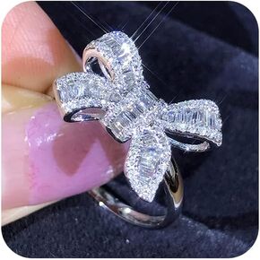 18k Platinum Plated Sterling Silver Shiny Cubic Zirconia Crystal Bow-Knot Engagement Wedding Ring (6)