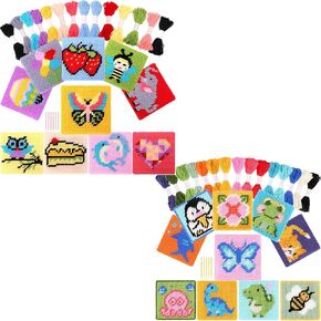Pllieay 10-in-1 Cross Stitch Beginner Kit for Kids, Embroidery Kit Includes Plastic Mesh Canvas with Pattern, Yarns, Weaving Needles, Needle Points Starter Kit Sewing Set with Instructions