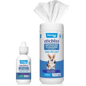 Vetnique Labs oticbliss قطرات الأذن المعالجة و Oticbliss مناديل التنظيف المتقدمة XL (60 CT) حلول تنظيف الأذن المتقدمة مع قطرات الأذن المعالجة للكلاب والمناديل الكبيرة لتنظيف الأذن الكلب الكبير