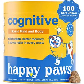 المكمل المعرفي للكلاب ، مضغ ناعم مع توراين ، سبيرولينا ، CoQ10 و Vitamins B1 ، B3 ، B12 ، يدعم الوظيفة المعرفية الطبيعية ، الذاكرة والتركيز ، 100 مضغ للكلاب الصغيرة إلى الكبيرة