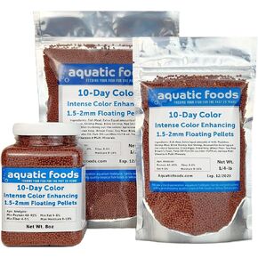 Aquatic Foods Inc. تعزيز اللون المكثف للغاية مع تغيير اللون لمدة 10 أيام ، و 1.5 ملم - 2 مم عائم للكريات ، والقرص ، وجميع الأسماك الاستوائية والبركة الصغيرة ... 8 أوقية جرة