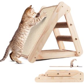 Sisal Cat Scratcher Board,Triangular Cat Scratch Ramp with Climbing Ladder,Wooden Scratching Board with 2 pcs Sisal Pad for Kittens and Small Animals Indoor Use