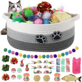 49 Pcs Cat Storage Basket Cats Gift Toys Set, Interactive Cat Toy Flashing Balls Mice Feather Spiral Spring Attract Cats to Swat, Bite, Interactive Toys for Pet with Woven Storage Baskets
