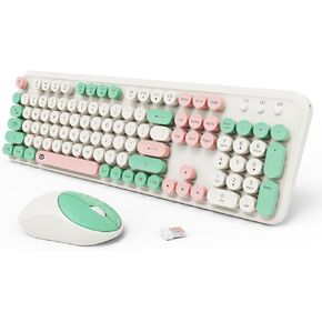 Keyboard and Mouse Wireless,Retro Typewriter Wireless Computer Keyboard Mouse Combo,Full Size 2.4G Cordless Round Keycaps Keyboard with Cute Mouse Set for PC Windows Laptop Home Office-Dark Blue