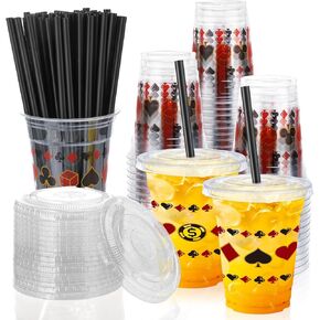 50 PCS Casino Plastic Cups with Lids and Straws ، 12 Oz Poker Cups Casino Thief Casino Decoration Actorible Curpsible for Party Party ، Tombler Plastic for Casino Party Birthday