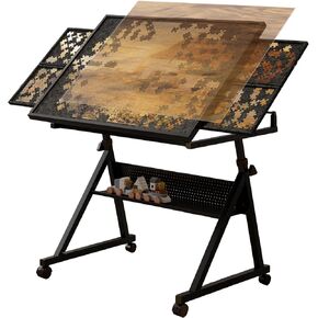 طاولة ألغاز بانوراما مع أرجل ، لوح 1500 قطعة للبالغين ، 35 "x26" محمولة قابلة للتعديل على عجلات ، 4 أدراج وغطاء ، هدية عيد ميلاد للأمي