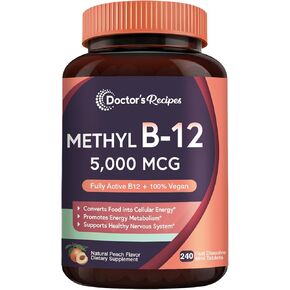 Doctor's Recipes Vitamin B12, Methylcobalamin 5000 mcg 90 Fast Dissolve Tablets, Natural Peach Flavor, Vegan Methyl, Energy Metabolism & Nervous System