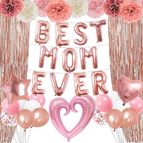 46pcs زينة يوم الأم ، شملت أفضل أم من أي وقت مضى وردية وردية بالون الذهب ، والورق pom poms و Rose Gold Foil Fing