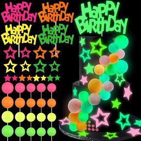 40 PCS Glow Cake Topper مجموعة مع نجمة الكرة وديكورات الحفلات العليا عيد ميلاد سعيد لكعك نيون الأسود الحفلات في 4 ألوان