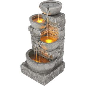 Teamson Home 4 Tiered Bowls Floor Stacked Stone Waterfall Fountain with LED Lights and Pump for Outdoor Patio Garden Backyard Decking Décor, 33 inch Height, Gray