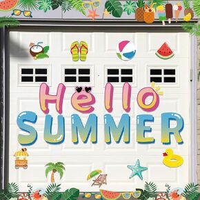 20 Pcs Large Hello Summer Garage Door Magnets Summer Garage Door Decorations Magnets Car Door Magnet Beach Magnetic Decorations Watermelon Palm Tree Magnetic Stickers for Car Garage Refrigerator