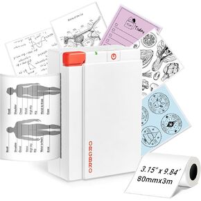 ORGBRO Sticker Printer, X3 Print Pods Mini Bluetooth Thermal Sticker Maker Supports 2-3 Inch Printing Width, with 1 Roll Thermal Paper, HD Printing Suitable for Study Notes, Photos, White