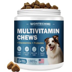 Dog Multivitamin, Glucosamine Chondroitin for Dogs, Krill Oil, Probiotics, Dog Vitamins and Supplements for Immune Health, Heart, Digestion Hip & Joints, Skin, Coat (180 Chews, Steak)