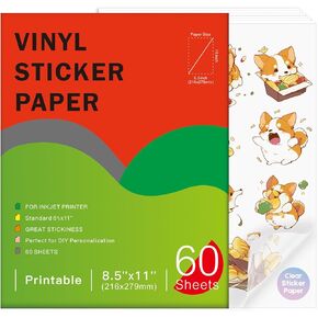 30 Sheets Premium Printable Clear Vinyl Sticker for Inkjet Printers 8.5x11 Inch Waterproof & Vibrant Colours Retains Ink Well Tear Resistant Great for Cutting Machines