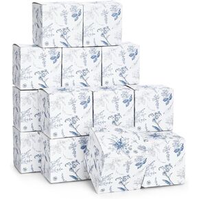 TecUnite 50 Pcs 3x3x3'' Blue Floral Paper Gift Boxes Chinoiserie Floral Print Paper Gift Box Blue White Party Bag Hydrangea Branches Packaging Bag for Wedding Birthday Cardstock Shower Party Supply