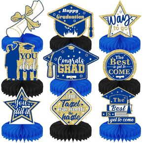 القطع المركزية للتخرج للجداول ، 9pcs زخارف جدول التخرج ، 3D Royal Blue Congrats Grad Honeycomb Centerples Toppers ، Photo Props for Class of 2025 Grad Party Favors