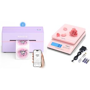 MUNBYN 130B Bluetooth Thermal Label Printer+Shipping Scale, Accurate 66lb/0.1oz Postal Scale with Sweet Pink Style