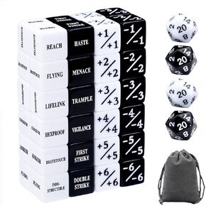 52 قطعة من الكلمات الرئيسية MTG Counter Dice و Magic The Gathering Life Counter Dokens Dice Mit باللونين الأسود والأبيض مع 4 D20 لـ MTG و TCG وملحقات الألعاب
