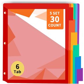 5-Set (30PCS) Plastic Binder Dividers with Pockets and Tabs for 3-Ring Binders, 6 Assorted Colors, 3-Hole Punched Page Dividers for 3 Ring Binder with Tabs & Pocket Dividers (Office Supplies)
