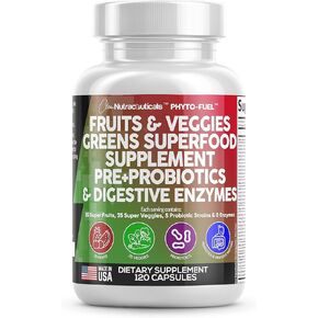 Fruits and Veggies Supplement Reds & Green Superfood - A Natural Balance Of Over 70 Fruit and Vegetable Supplements Capsules with Probiotics Prebiotics Digestive Enzymes Nature Spirulina -120 Ct USA