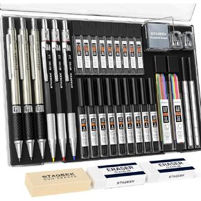 34PCS Art Mechanical Pencil Set, Drafting Pencil 0.5, 0.7, 0.9MM & 3PCS 2.0MM Mechanical Drawing Pencils with 384PCS Leads (6B 4B 2B HB 2H 4H Color) for Artist Sketching Drawing