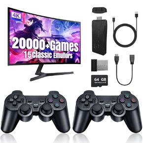 Console Retro Gaming ، 20000+ Retro Game Stick Pro مع 15 محاكيًا ، إخراج 4K HDMI ، مقابس ألعاب الفيديو الكلاسيكية مع وحدات التحكم اللاسلكية 2.4G للتلفزيون ، الهدايا (64 جيجابايت)