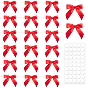 20pcs 3.5 "Twist Tie Bow ، أقواس Mini Premade Wrap ، قاع الشريط الساتين للحرف اليدوية حفل زفاف Halloween Christmas Wedding Card- Red