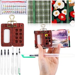 Mini Watercolor Travel Set Pocket Artist Travel Set Portable Palette 8 Grids Wood Paint Box with Clip 2 Pcs Sketchbook 6 Pcs Watercolor Brush 12 Colors of Paint(Flower Style)