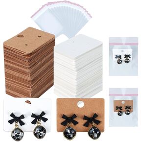200 PCS CORRING CRATERS ، KUAOOOAUK CONRENG CARDS ، بطاقة حامل القرط مع 200 PCS كيس خبز ذاتي واضحة ، معلقة أقراط أوراق Kraft لتغليف المجوهرات بيع الحرف اليدوية (بنية/بيضاء)