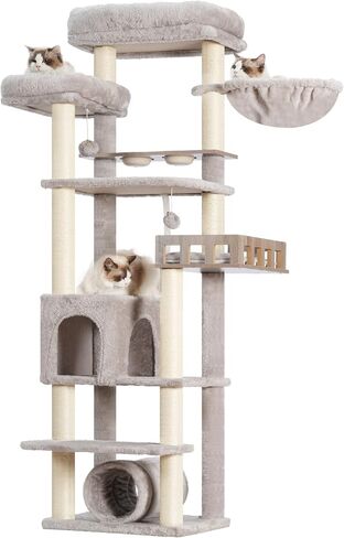 Cat Tree with Tunnel, Cat Tower for Indoor Cats, Tall Cat Tree Tower with Cat Condo, Food Station, Large Platform, Scratching Posts, Hammock, Light Gray GCT021W in Saudi Arabia