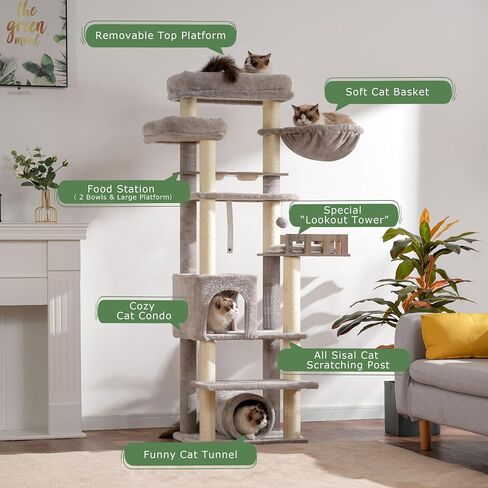 Cat Tree with Tunnel, Cat Tower for Indoor Cats, Tall Cat Tree Tower with Cat Condo, Food Station, Large Platform, Scratching Posts, Hammock, Light Gray GCT021W in Saudi Arabia