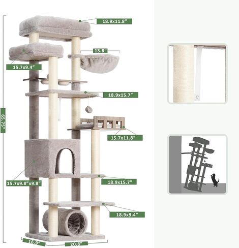 Cat Tree with Tunnel, Cat Tower for Indoor Cats, Tall Cat Tree Tower with Cat Condo, Food Station, Large Platform, Scratching Posts, Hammock, Light Gray GCT021W in Saudi Arabia