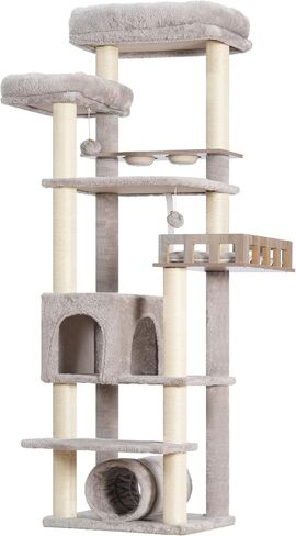 Cat Tree with Tunnel, Cat Tower for Indoor Cats, Tall Cat Tree Tower with Cat Condo, Food Station, Large Platform, Scratching Posts, Hammock, Light Gray GCT021W in Saudi Arabia