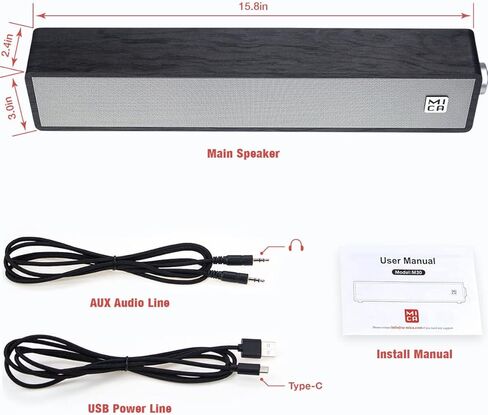 MICA Computer Speakers, Wired Computer Sound Bar, Wooden Mini Soundbar, USB Powered PC Speakers for Desktop Monitor, Laptop, Tablet, 3.5mm Aux Connection, Angled, Yellow (M30C) in Kuwait